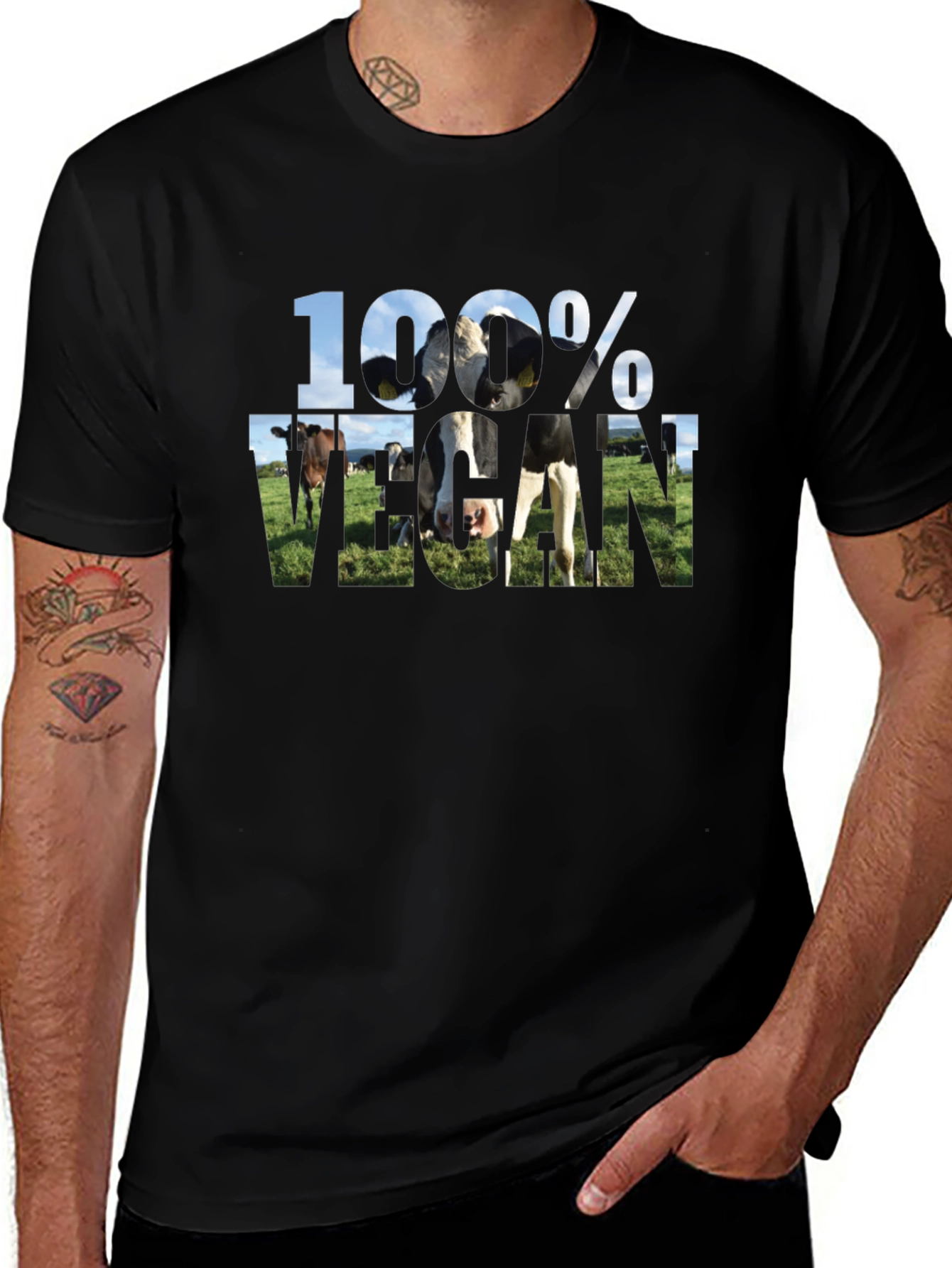 100% Vegan Cow Graphic Black T-Shirt