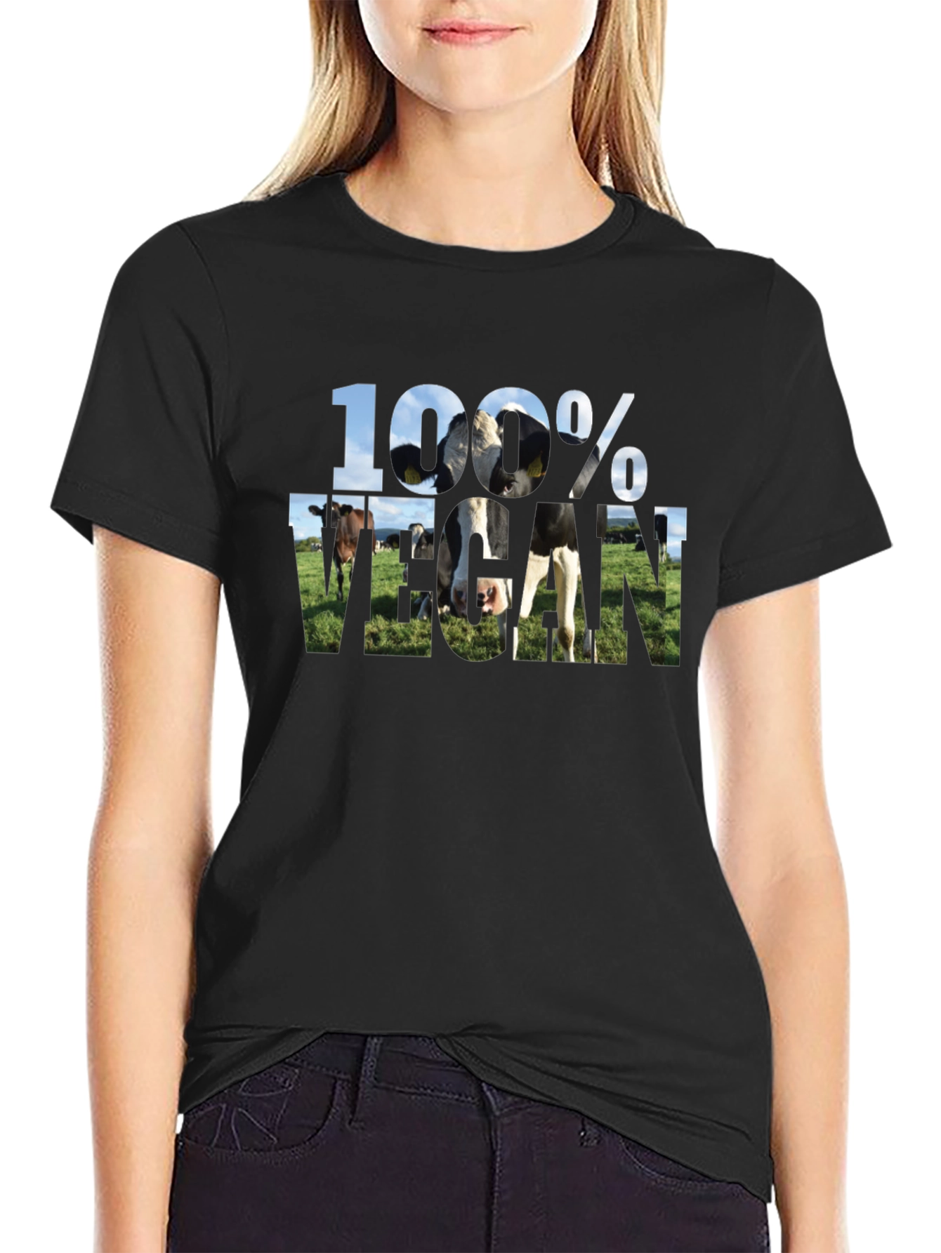 100% Vegan Cow Graphic Black T-Shirt