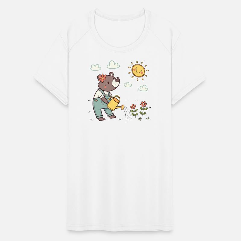 Cute Bear Watering Flowers in Sunny Garden Scene